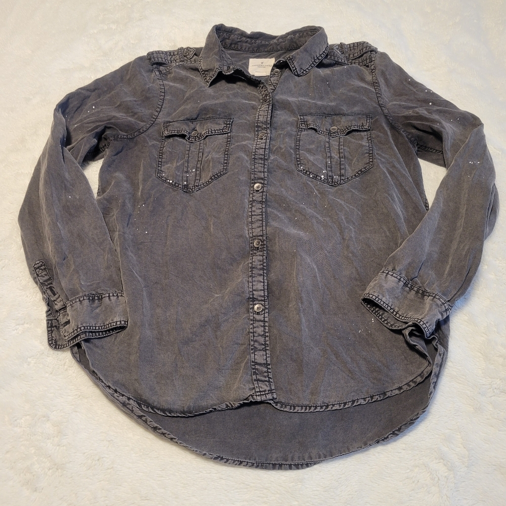 AE Gray Buttonup with Paint Splatter (designed like that), Women's Size L